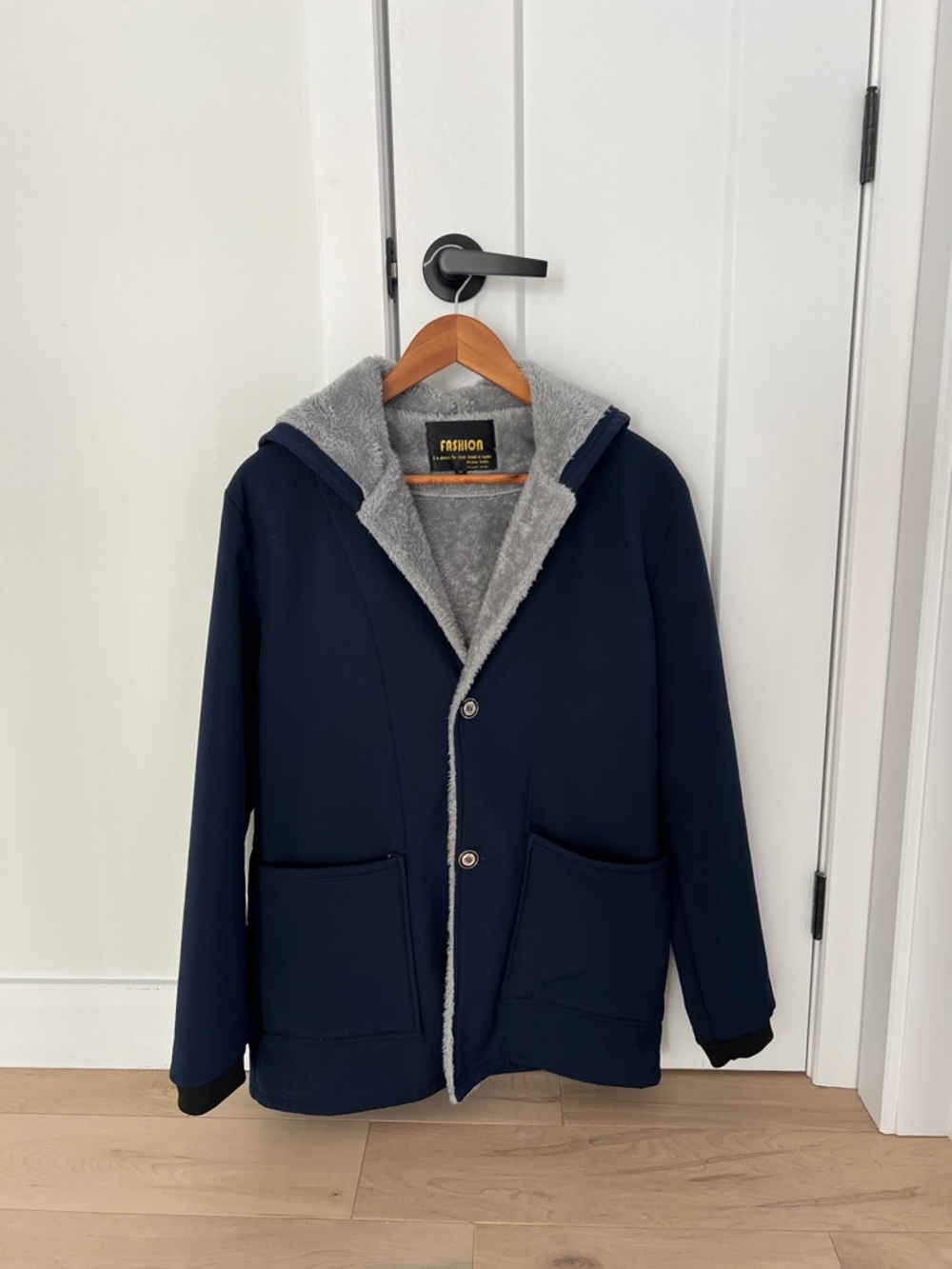 Hooded Coat in Navy with fleece lining